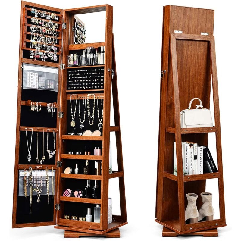 Goplus - Armoire à Bijoux avec Miroir Plein Longueur,avec étagère de Rangement&Serrure, Organisateur Chambre Pivotante à 360°,Marron