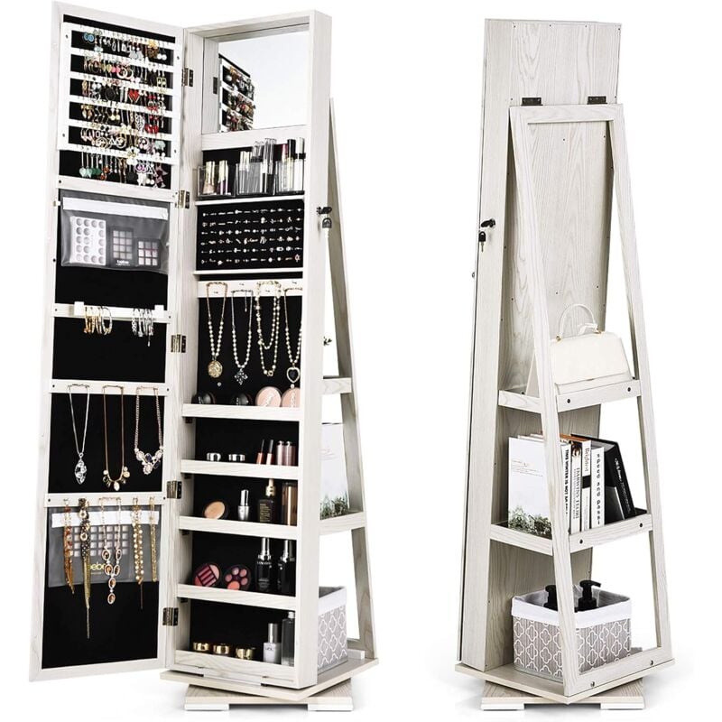 Goplus - Armoire à Bijoux avec Miroir Plein Longueur,avec étagère de Rangement&Serrure, Organisateur Chambre Pivotante à 360°,Blanc