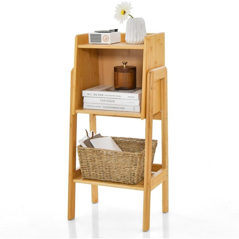 Goplus - Bibliothèque Étagère à 3 Niveaux en Bambou,Pieds et Bords Surélevés,Moderne & Naturel,Convient pour Chambre,Salon