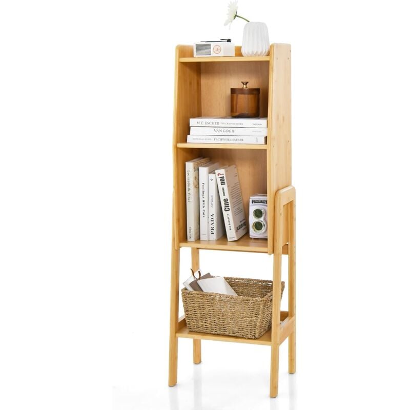 Bibliothèque Étagère à 4 Niveaux en Bambou,Pieds et Bords Surélevés,Moderne & Naturel,Convient pour Chambre,Salon - Goplus