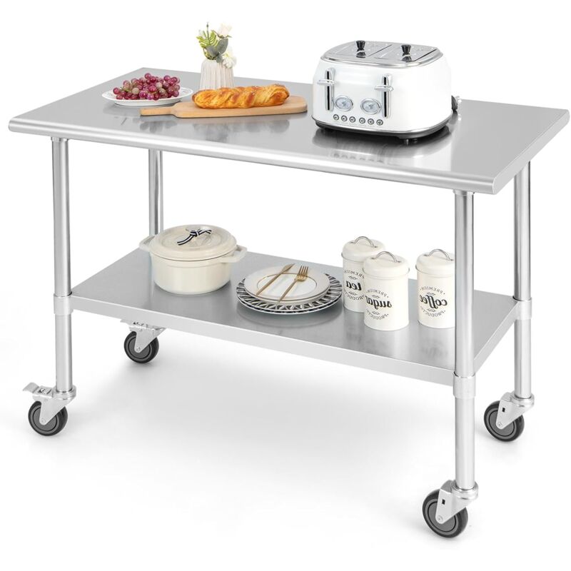 Goplus - Desserte de Cuisine Table de Travail à Roulettesen Acier Inoxydable avec Étagère Réglable,122x61x90CM