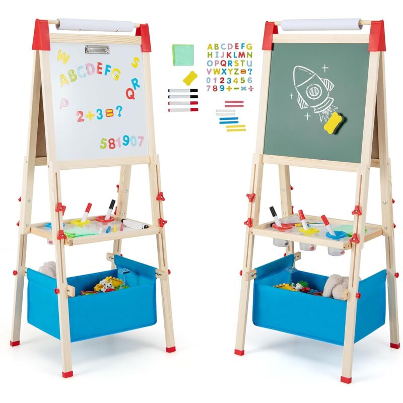 Goplus - Tableau Enfants Double Face 3 à 8 Ans Réglable en Hauteur,Tableau Noir/Blanc Magnétique,Rouleau de Papier,Aimants