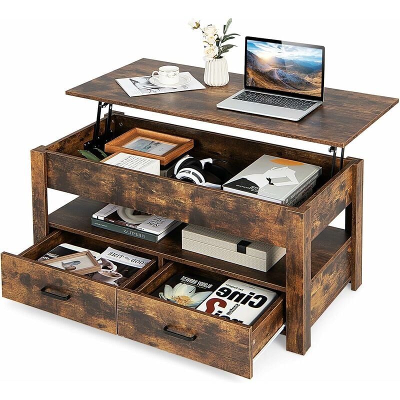GOPLUS Table Basse Relevable avec 2 Tiroirs 106x50x61CM,Charge 50KG avec Compartiment Caché,1 Etagere Ouverte