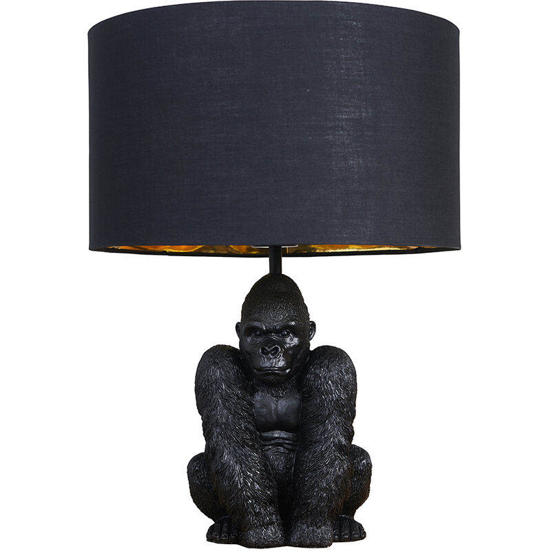Gorilla Black Table Lamp With Drum Shade - Black & Gold - No Bulb