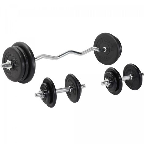GORILLA SPORTS - Set d'haltères disques en fonte revêtement caoutchouc + barre Curl 68 Kg