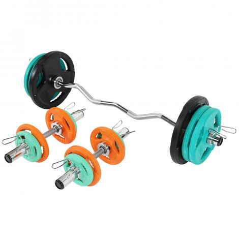 GORILLA SPORTS - Set d'haltères Olympiques de 75 kg - Avec poids revêtement caoutchouc - 1 haltère curl + 2 haltères courts