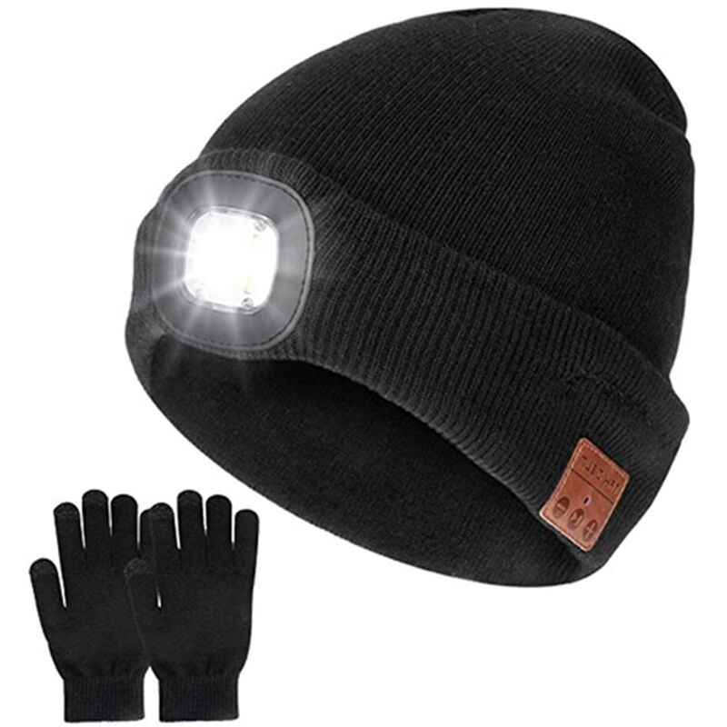 

Gorro con auriculares inalámbricos Bluetooth integrados y linterna frontal LED V5.0 - USB recargable - Guantes compatibles con pantalla táctil