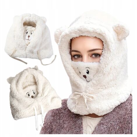 Gorro de invierno, pasamontañas, calentador de cuello con capucha, diseño de osito de peluche, para mujer y niño, 2 en 1