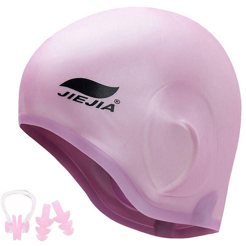 

Gorro de natacion Gorro de natacion con proteccion auditiva ergonomico 3D de silicona con clip para la nariz y tapones para los oidos para mujeres y