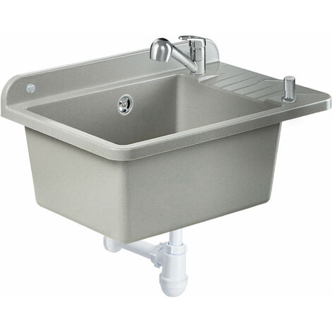GOSPO Ausgussbecken aus Polypropylen, 50,5 x 34 x 26,5 cm, Spülbecken mit Armatur, Siphon, Seifenspe
