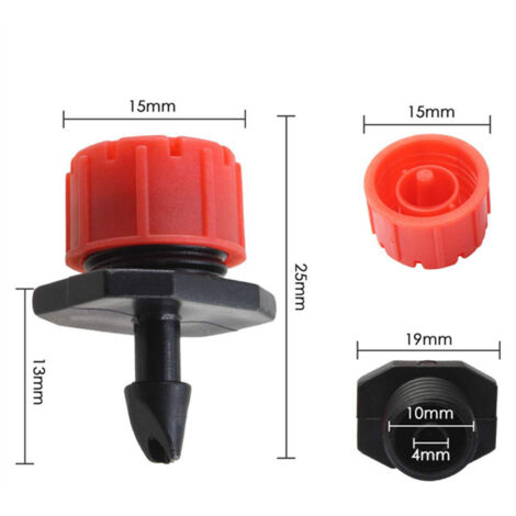 Goteros de riego con conexión de manguera de 1/4 de pulgada para mangueras de 4 mm/7 mm - 100 unidades, PP rojo/negro, caudal ajustable de 1 a 70 l/h, tamaño 25 x 15 mm, riego sin obstrucciones.
