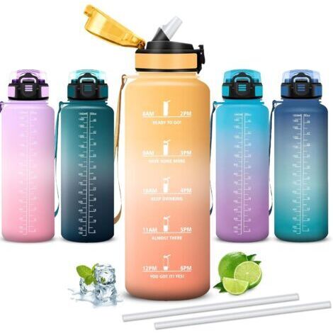 Gourde 1,5L, Gourde Sport Anti-Fuite, Gourdes avec Paille, Facile à Nettoyer, Gourdes Reutilisable, avec Slogan de Motivation, Bouteille d'eau pour Running, Escalade, Musculation, Randonnée
