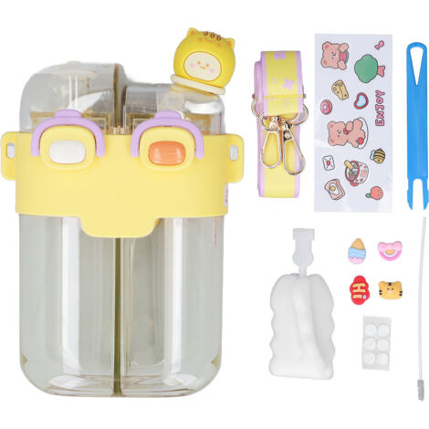 Gourde Kawaii 780ML Anti-Fuite avec Paille, Sangle Réglable et Autocollants, Jaune