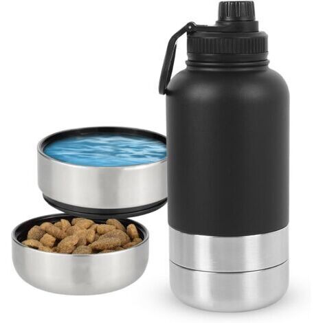 Gourde pour chien - Pour les déplacements - 950 ml - Accessoire pour chien - Avec gamelle et gamelle d'eau - En acier inoxydable - 4 en 1 - Isotherme - Sans BPA