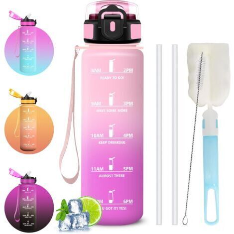 Gourde Sport 1 litre, Gourdes avec Paille, Verrou de Sécurité, Gourde Graduée pour 1 Journee, avec Marqueur de Temps, Brosses pour Paille et Bouteille, Anti Fuite Bouteille pour Voyages, Cyclisme