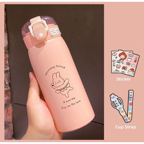 Gourde Tasse thermos avec paille, bouteille thermos de dessin animé + autocollant aléatoire + corde de tasse à bandoulière rose