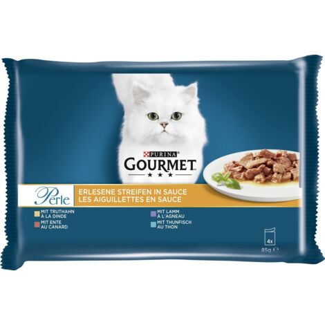 Gourmet Perle Erlesene Streifen mit Truthahn Thunfisch Ente Lamm 4x 85g Nassfutter
