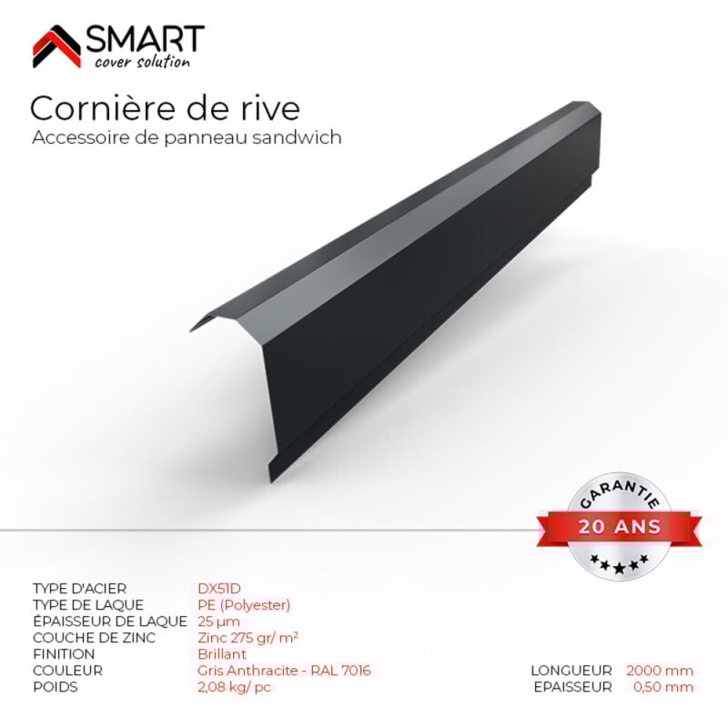 Gouttière sous rive Panneau Sandwich Coloris Gris Anthracite RAL 7016 L=2m, épaisseur 0.40mm