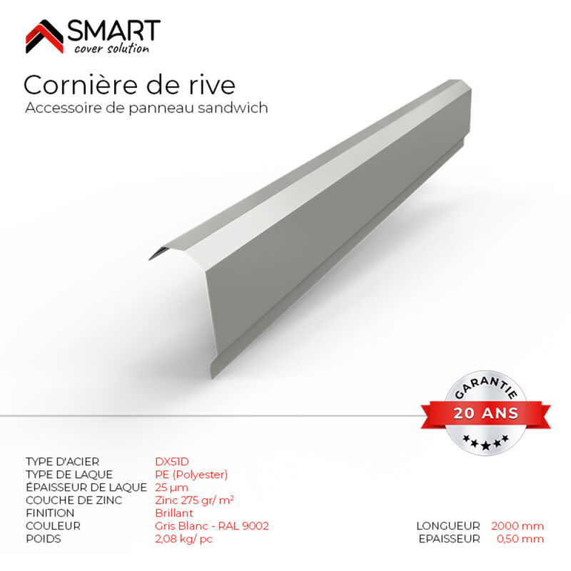 Gouttière sous rive Panneau Sandwich Coloris Gris Blanc RAL 9002 L=2m, épaisseur 0.40mm