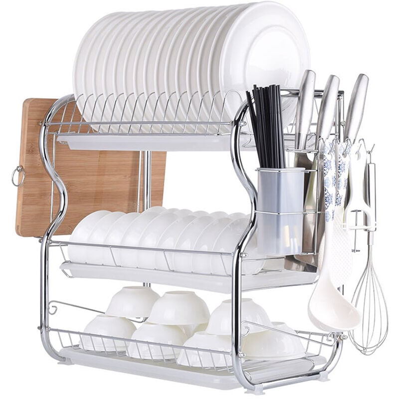 Gouttoir à vaisselle 3 étages Porte-couverts Bac de récupération crochets pour tasses et assiettes en métal Planche à découper