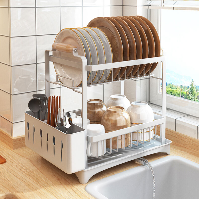 Gouttoir Vaisselle Double Niveau Couverts Cuisine Rangement 2 Étage,panier à couverts place pour assiette tasse bol -362637,5cm blanc