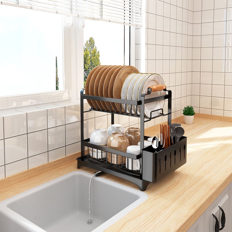 Gouttoir Vaisselle Double Niveau Couverts Cuisine Rangement 2 Étage,panier à couverts place pour assiette tasse bol -362637,5cm noir