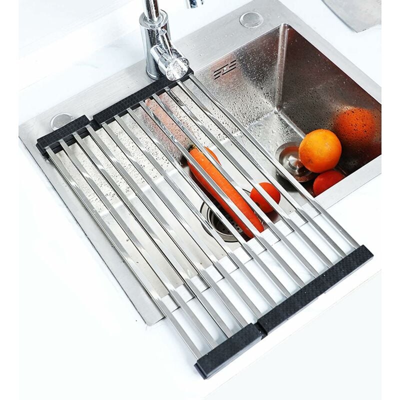 Gouttoir à vaiss pliable, tapis d'évier enroulable en acier inoxydable, égouttoir de cuisine argenté (16 tubes pliables 47 x 36 cm)