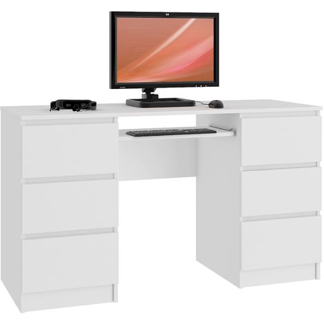GOYA | Bureau informatique moderne 135x77x50 cm | 6 tiroirs + support clavier | Gaming  | Table ordinateur multi-rangements | Blanc