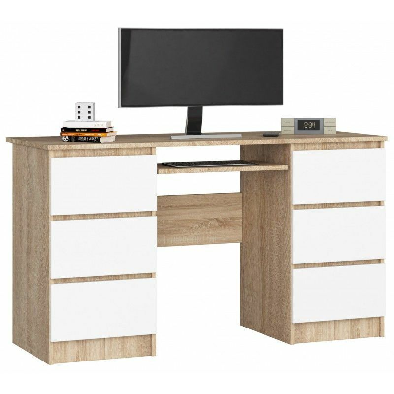 GOYA - Bureau informatique moderne 135x77x50 cm - 6 tiroirs support clavier - Table ordinateur multi-rangements - Sonoma/Blanc
