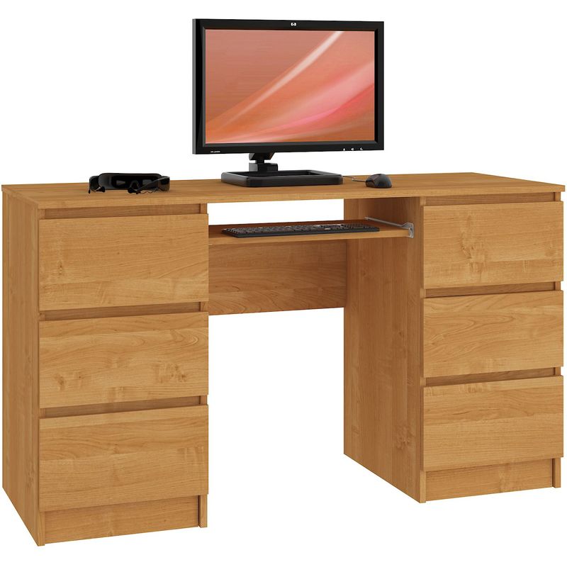 GOYA - Bureau informatique moderne 135x77x50cm - 6 tiroirs + support clavier - Gaming - Table ordinateur multi-rangements - Aulne
