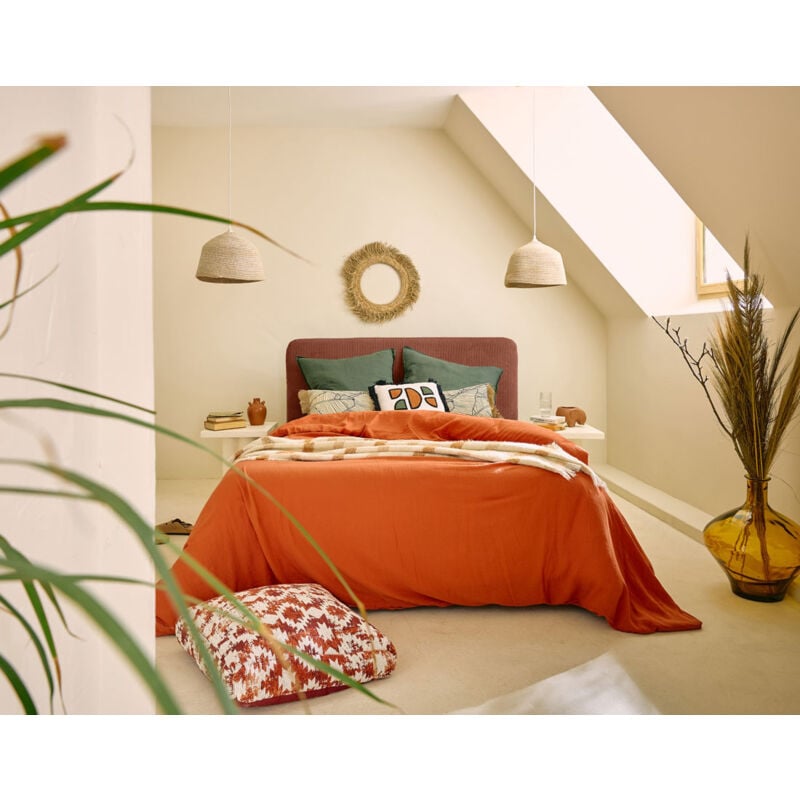 Goyave - lit coffre - 160x200 - en velours côtelé - sommier inclus - terracotta