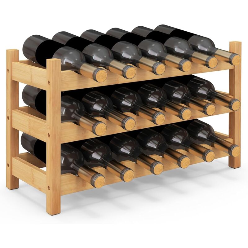 Goplus - gplus Étagère à Vin en Bambou à 3 Niveaux pour 18 Bouteilles de Vin, Range Bouteilles de Vin Autoportant Casier à Vin pour Cuisine, Bar,