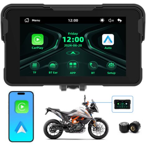 GPS Moto 5 Pouces avec CarPlay Sans Fil, Écran Amovible, Étanche IP67, Navigation 12V pour Moto