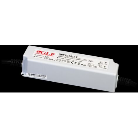GPVP-40-12 : Alimentation GLP : 12 V/3,5 A, CV, PFC, IP67, boîtier en plastique, fils à double isolation