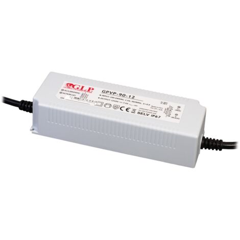 GPVP-90-12 : Alimentation GLP : 12 V/7,5 A, CV, PFC, IP67, boîtier en plastique, câbles à double isolation
