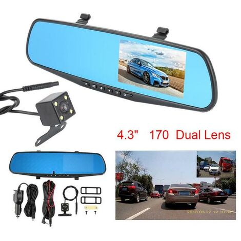 Grabadora de conducción de coche, pantalla LCD de 4,3 pulgadas, cámara frontal y trasera Ultra gran angular, espejo retrovisor de doble lente,32GB,España