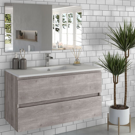 Grace meuble de salle de bain suspendu complet avec vasque en céramique blanche et miroir 100x43 cm - Chêne Gris