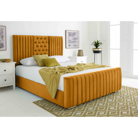 Gracie Mustard Plush Velvet Matching Buttons Single Bed Frame
