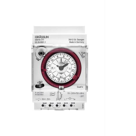 GRÄSSLIN 01.28.0001.1 talento 111- analoge Verteilerschaltuhr mit Tagesprogramm I 3TE I 1-Kanal I Montage auf DIN-Schiene I Ohne Gangreserve I LED bis 180W I Glüh- und Halogen bis 1100W I Schaltuhr