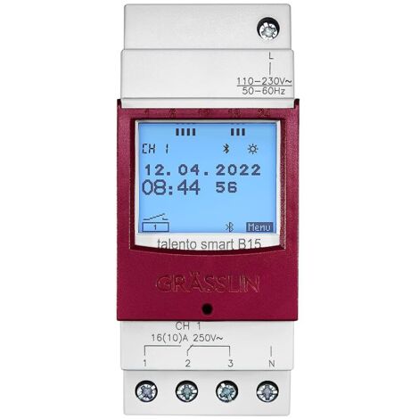 GRÄSSLIN 43.02.0001.1 talento smart B15 - Digitale Zeitschaltuhr mit Bluetooth und App-Programmierung I 1-Kanal I 2TE I 100 Speicherplätze I Montage auf DIN-Schiene I LED 600W