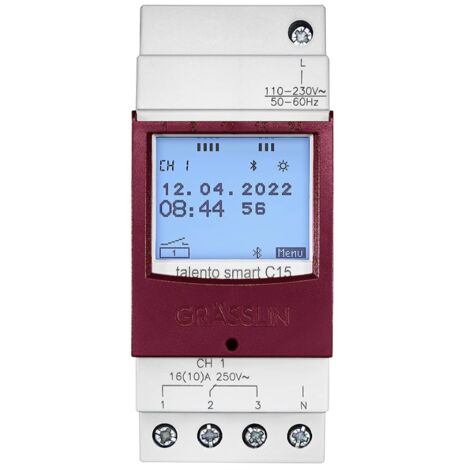 Grässlin 43.03.0001.1 talento smart C15 - Digitale Astro-Schaltuhr mit Bluetooth, App-Programmierung, Wochenprogramm und Gangreserve I 1-Kanal I 2TE I 500 Speicherplätze I Montage auf DIN-Schiene