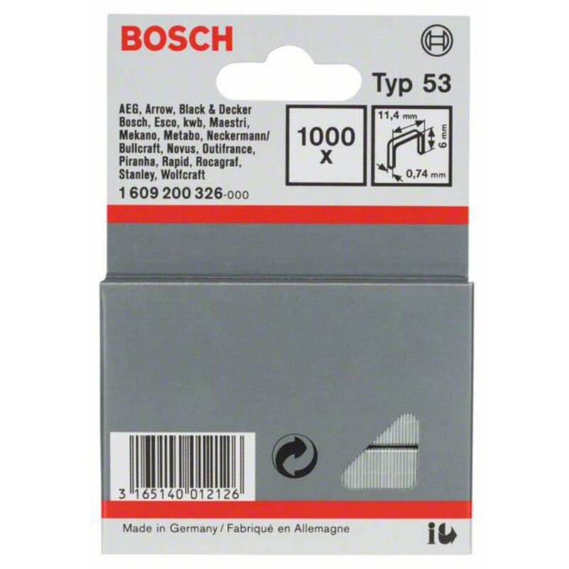 Image of Bosch - Graffe a filo fine tipo 53 - 11,4 x 0,74 x 6 mm 1000 pz. Accessories 1609200326 Dimensioni (l x l) 6 mm x 11.4 mm