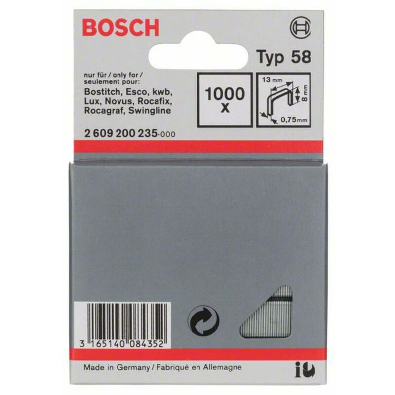Image of Bosch - Graffe a filo fine tipo 58 - 13 x 0,75 x 8 mm 1000 pz. Accessories 2609200235 Dimensioni (l x l) 8 mm x 13 mm