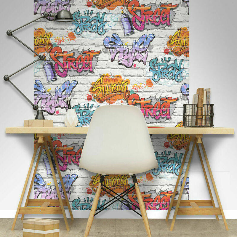 White Brick Wall Street Style Multi Graffiti Tag Spray Paint Novelty Wallpaper[FULL roll - White Brick Graffiti L17905]