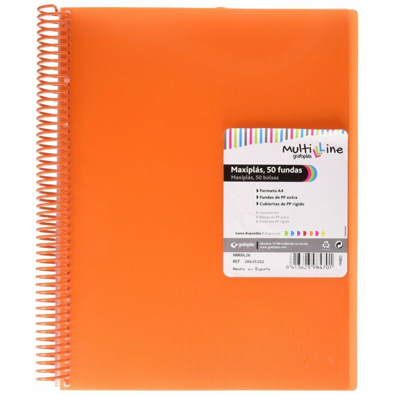 

Grafoplas carpeta maxiplus pp multiline a4 en espiral con gomas naranja - contiene 50 fundas pp extra -