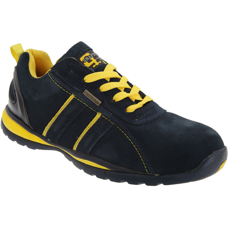 Mens Safety Toe Cap Trainer Shoes (4 UK) (Navy Blue/Yellow) - Grafters