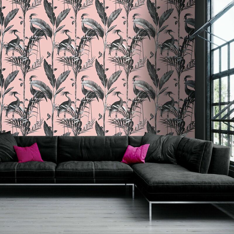 Azzura Leaf Blush Pink Metallic Silver Tropical Birds Leaf Wallpaper - Belgravia