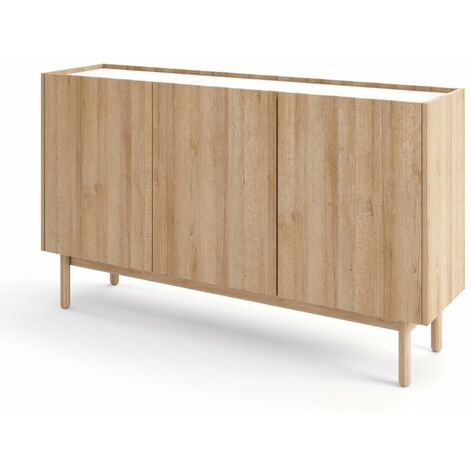 GRAINGOLD Kommode 144cm Braha - Sideboard auf Beinen, Schrank mit 3 Türen, Möbel im skandinavischen Stil - Riviera Eiche / Bianco Marmor