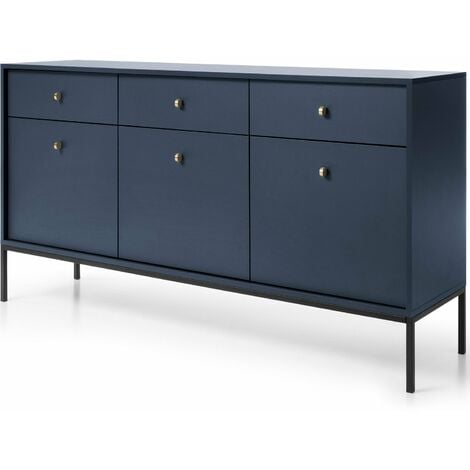 GRAINGOLD Kommode 154cm Amor - Kommodenschrank auf Beinen, Kommode für Wohnzimmer - Sideboard mit 3 Türen und 3 Schubladen - Dunkelblau