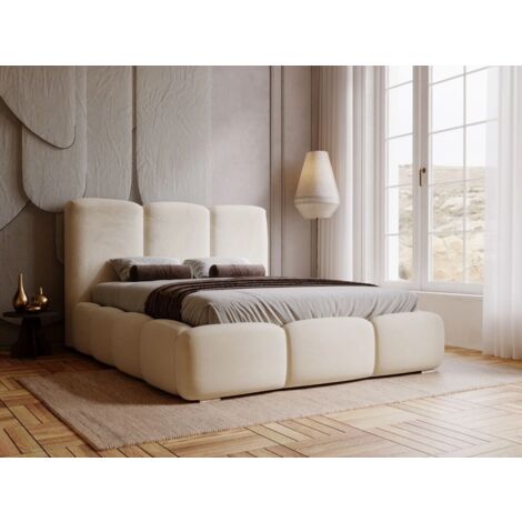 Graingold – Lit avec tiroirs 120x200 – Tissu velours beige – Coffre de rangement – Cadre en bois – Résistant à l'abrasion et aux liquides